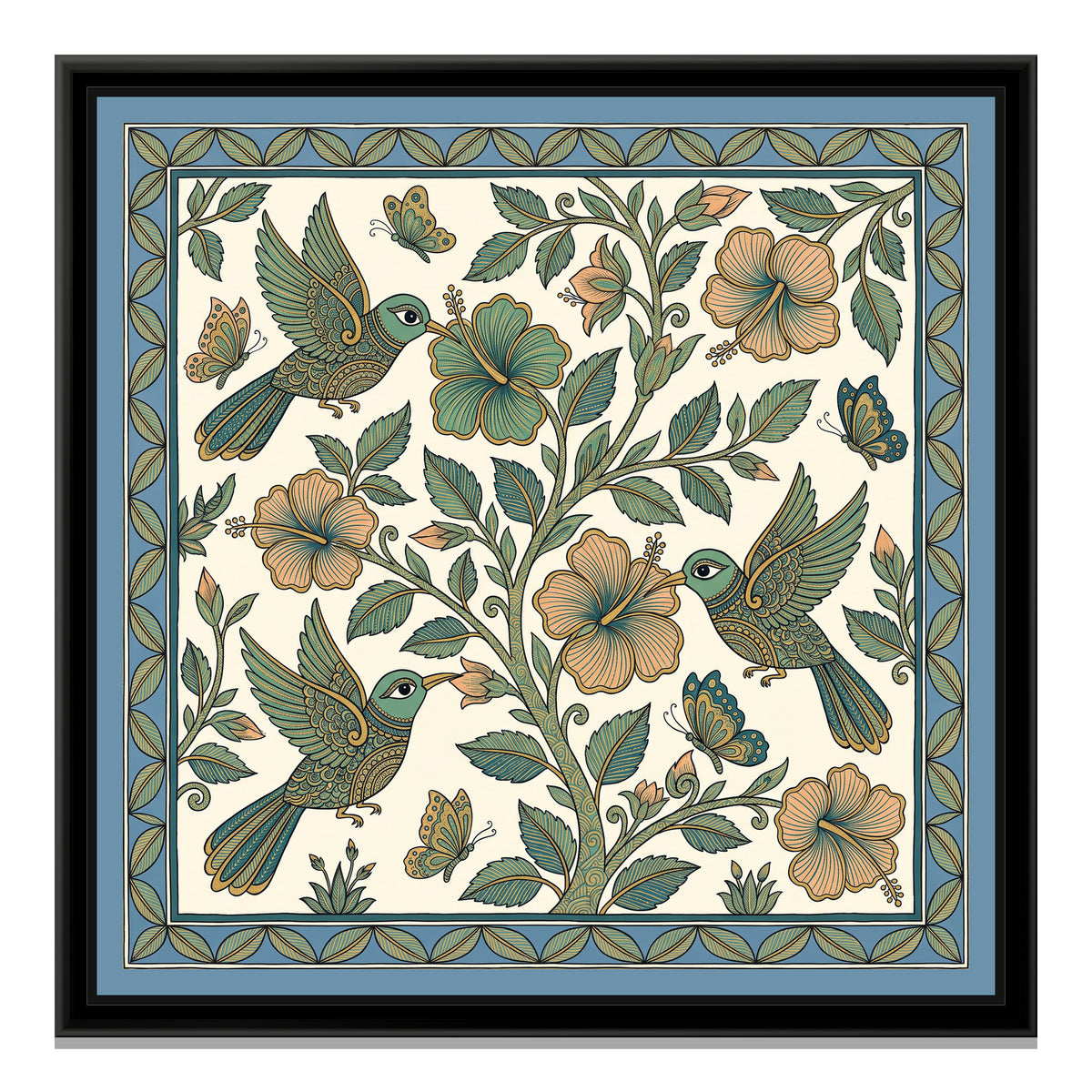 Chinoiserie Madhubani Painting – Sunbirds and Hibiscus - framed canvas print, front view