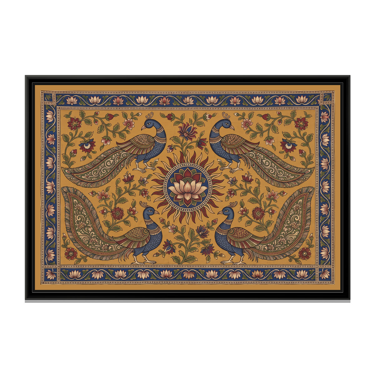 Kalamkari Painting – Four Peacocks around a Sun Medallion - framed canvas print, front view