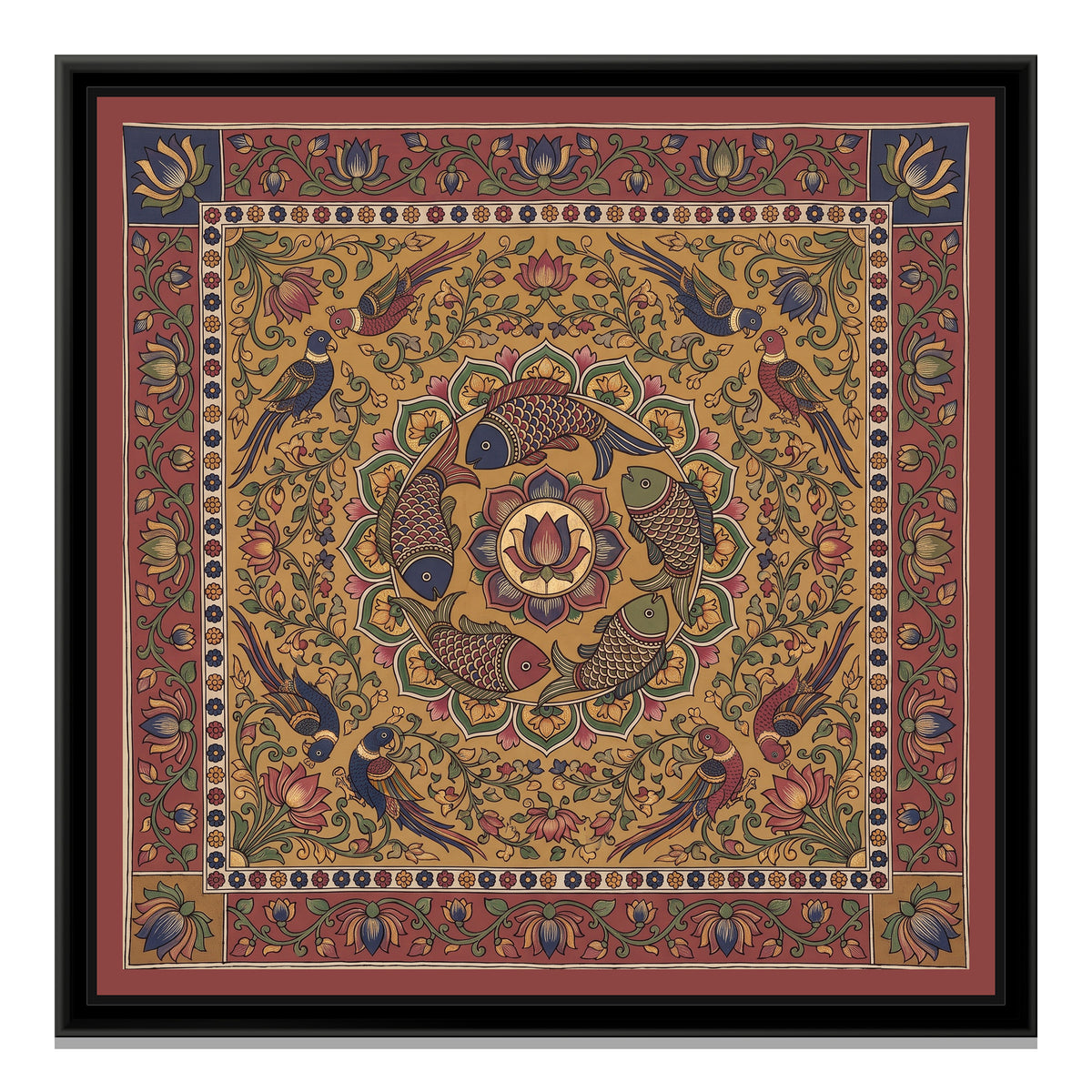Kalamkari Painting – Fish Mandala - framed canvas print, front view