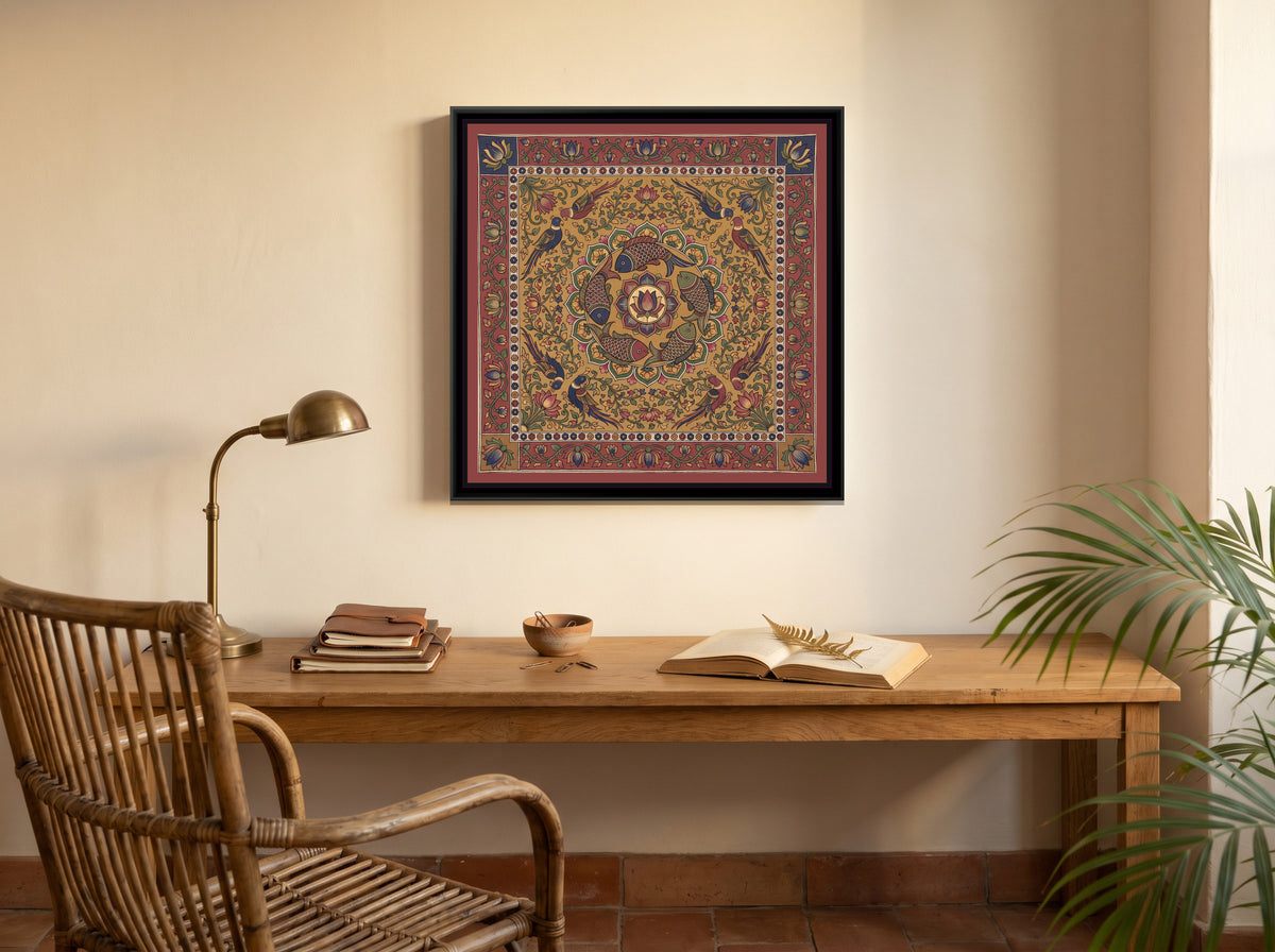 Kalamkari Painting – Fish Mandala - canvas print shown in a styled room