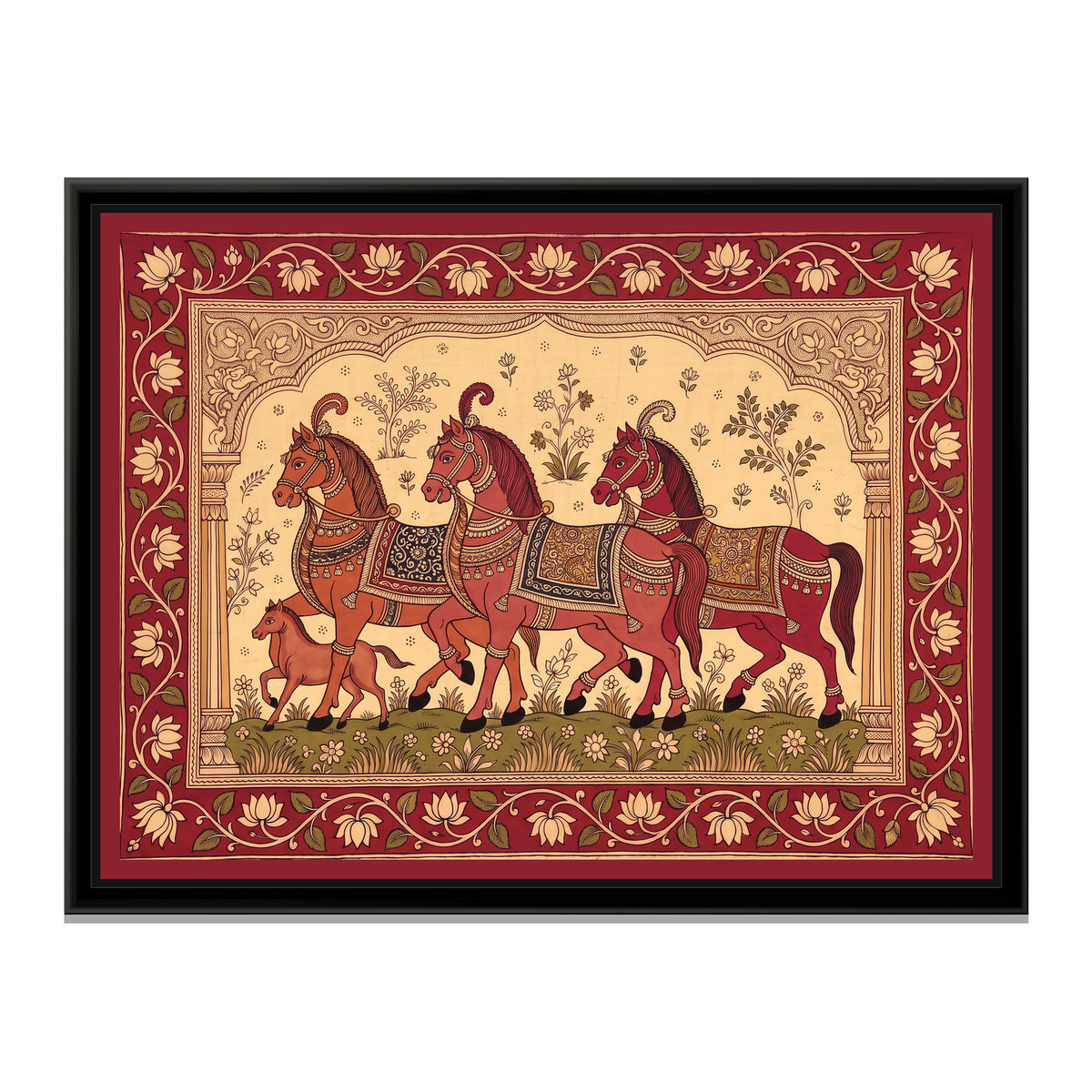 Kalamkari Painting – Procession of Decorated Horses - framed canvas print, front view