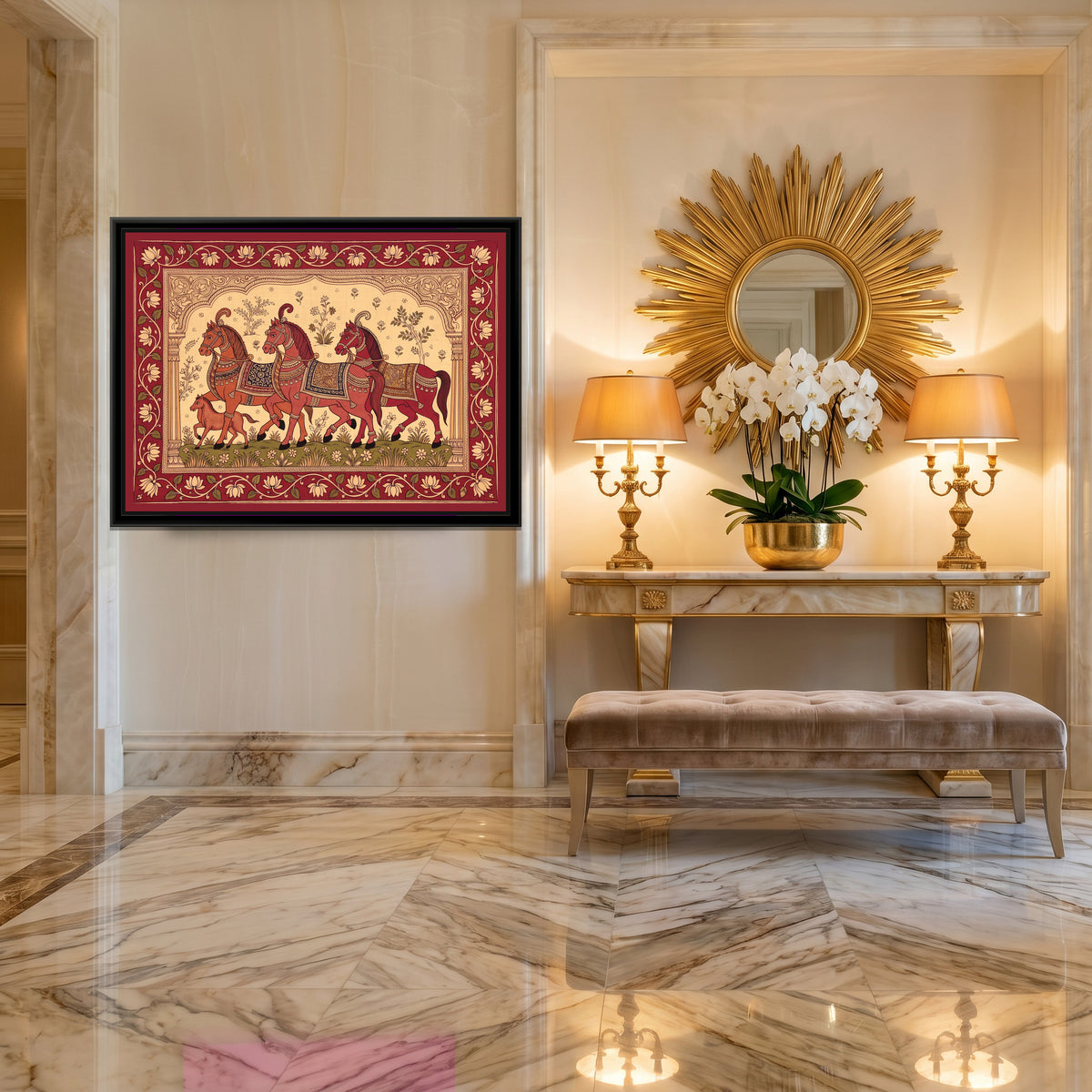 Kalamkari Painting – Procession of Decorated Horses - canvas print shown in a second room setting
