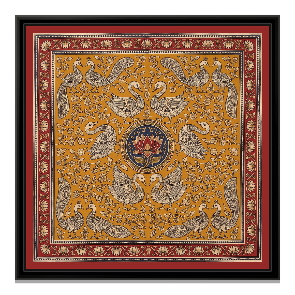 Kalamkari Painting – Swan Mandala - framed canvas print, front view