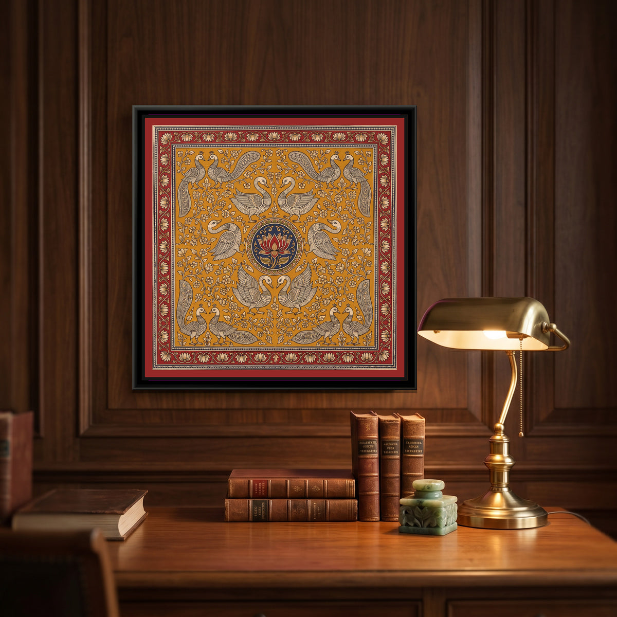 Kalamkari Painting – Swan Mandala - canvas print shown in a second room setting