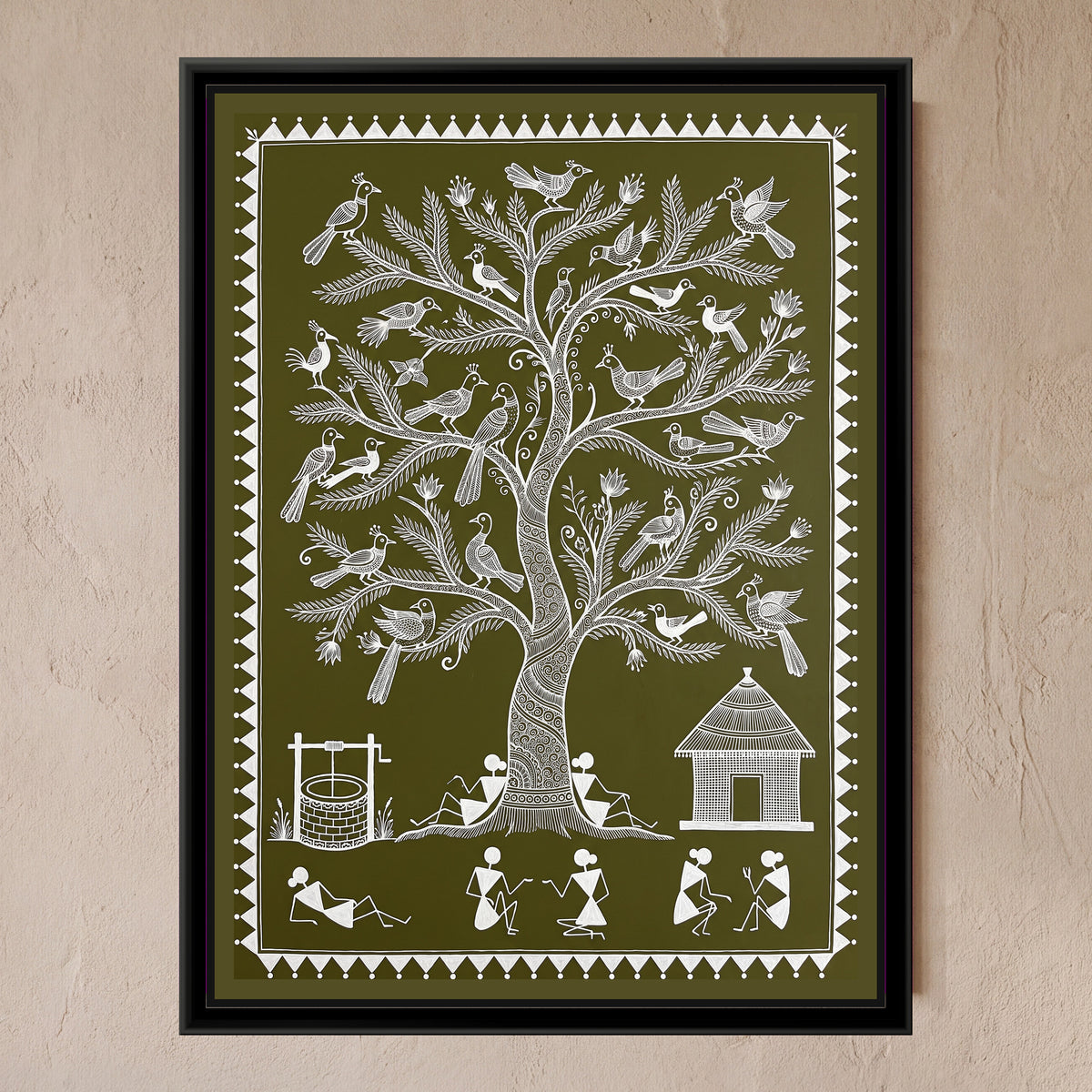 Warli Painting – Tree of Life with Birds - framed canvas print of a Warli tree of life full of birds, hung on a wall