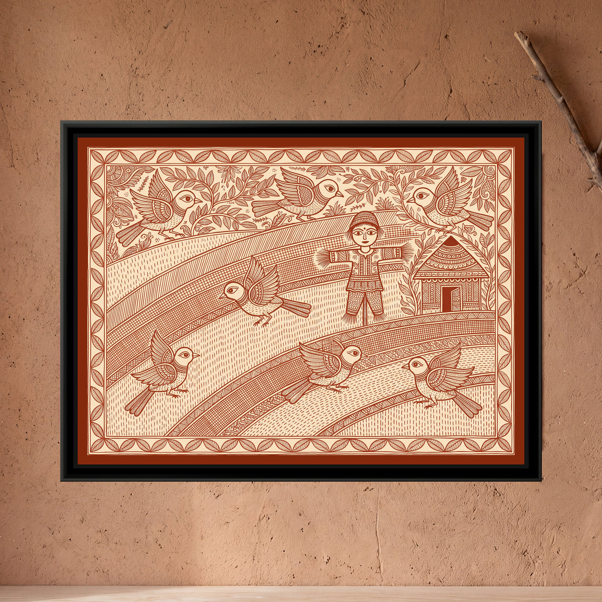 Terracotta Madhubani Painting – Sparrows in a Rice Field - framed canvas print of sparrows and a scarecrow in a rice field, terracotta Madhubani line art, hung on a wall