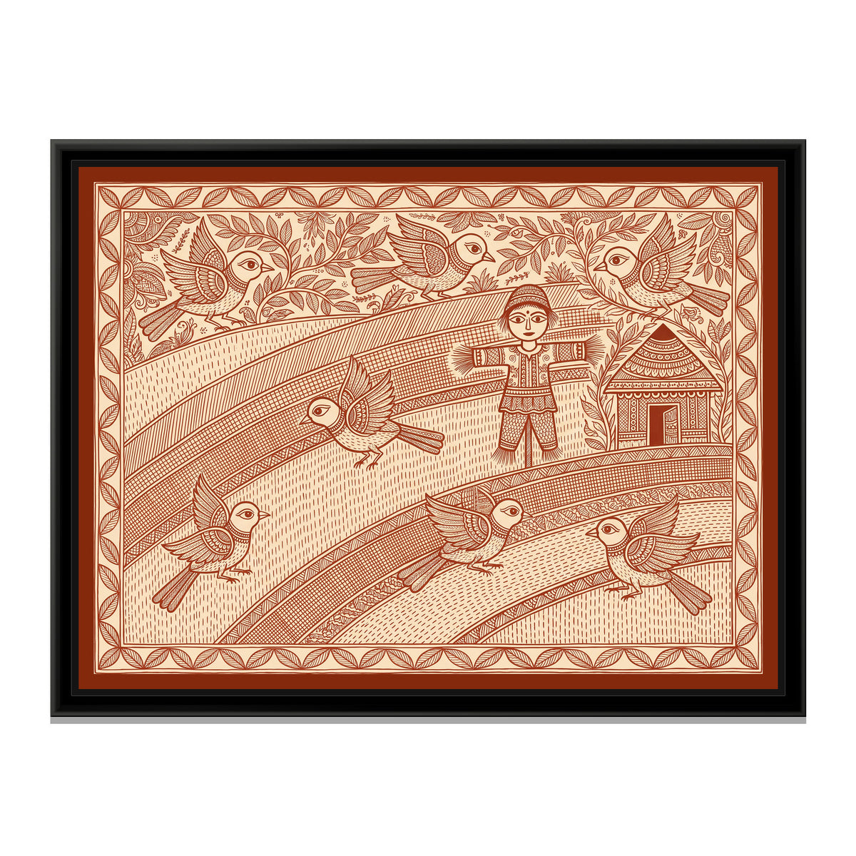 Terracotta Madhubani Painting – Sparrows in a Rice Field - framed canvas print, front view