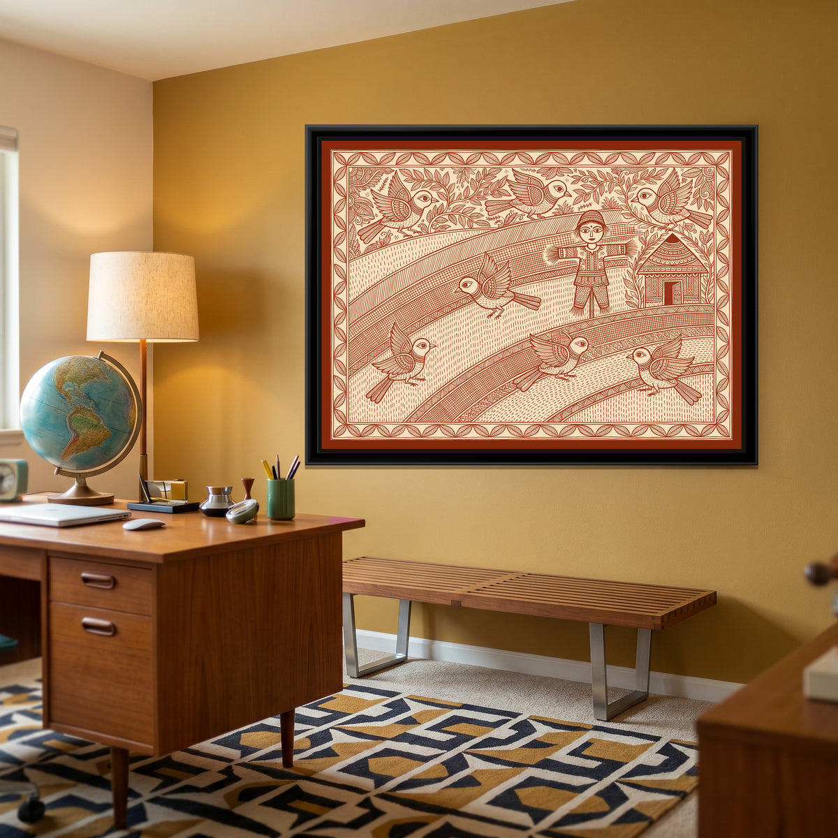 Terracotta Madhubani Painting – Sparrows in a Rice Field - canvas print shown in a styled room