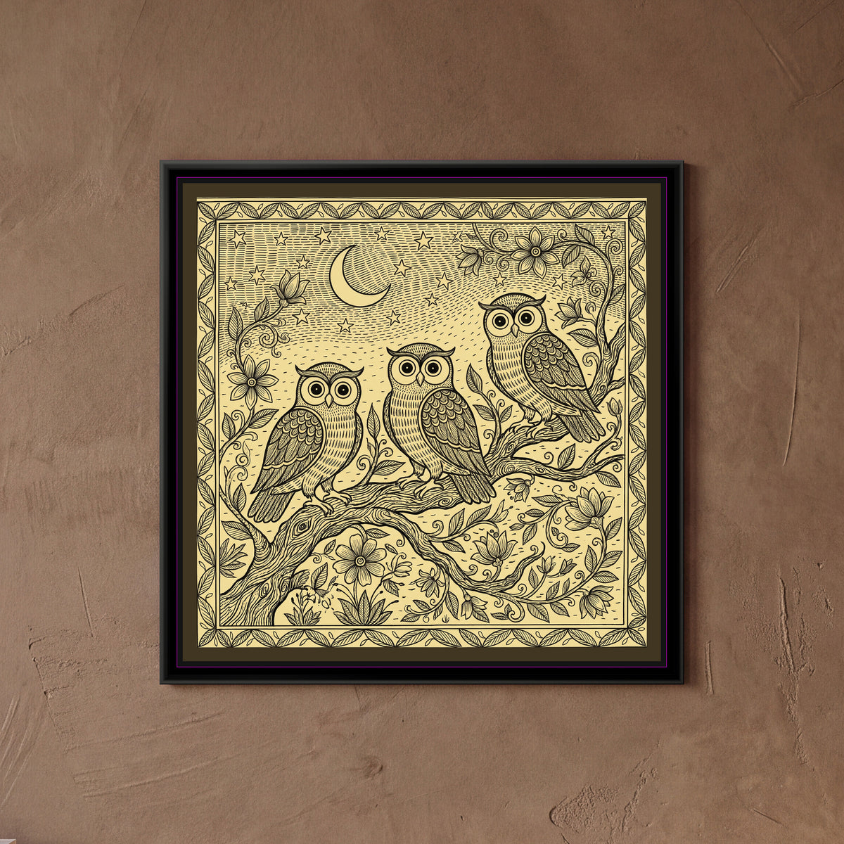 Charcoal and Gold Madhubani Painting – Owls at Night - framed canvas print of three owls on a branch under a crescent moon, charcoal and gold Madhubani line art, hung on a wall