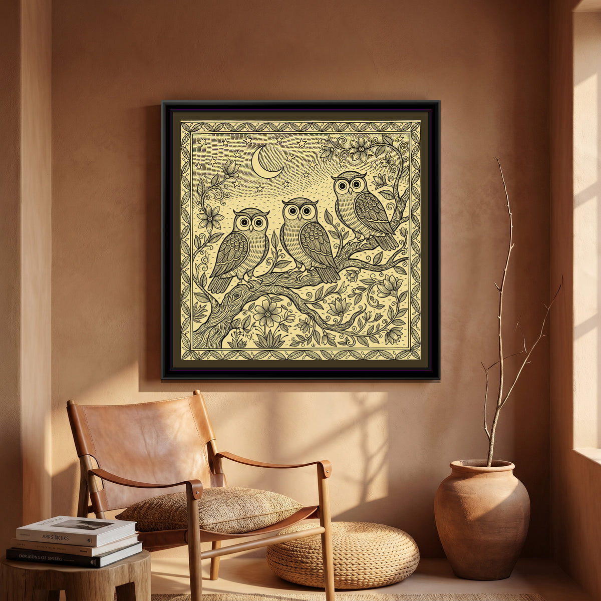 Charcoal and Gold Madhubani Painting – Owls at Night - canvas print shown in a second room setting