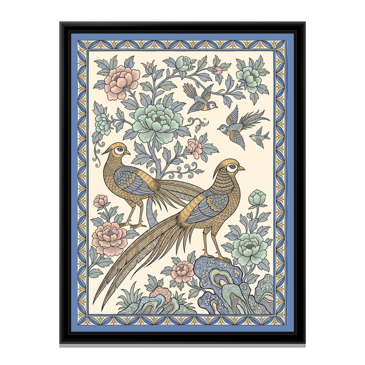 Chinoiserie Madhubani Painting – Golden Pheasants and Peonies - framed canvas print, front view