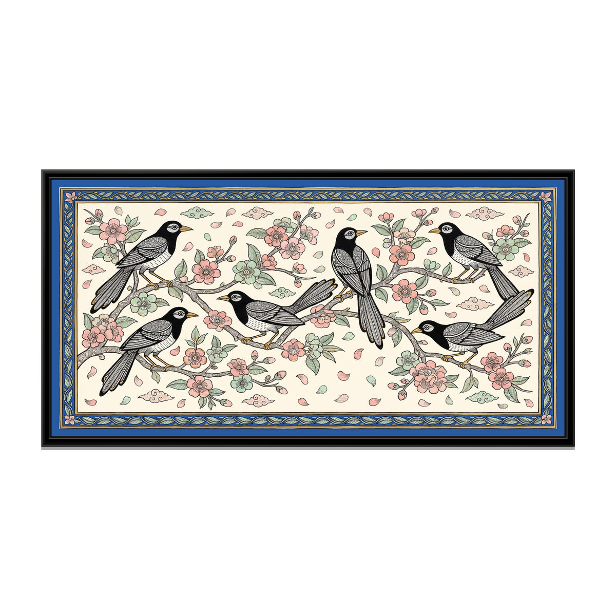 Chinoiserie Madhubani Painting – Magpies in Plum Blossom - framed canvas print, front view