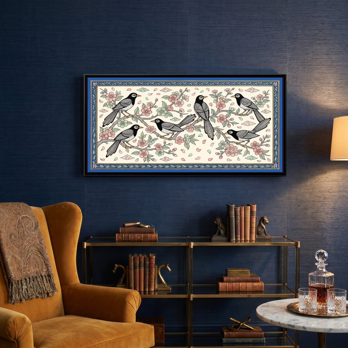 Chinoiserie Madhubani Painting – Magpies in Plum Blossom - canvas print shown in a styled room