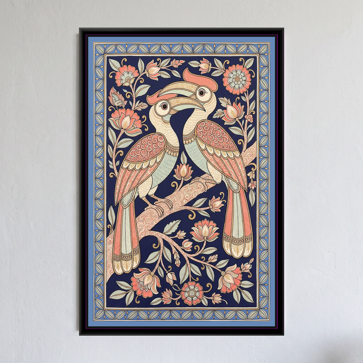 Chinoiserie Madhubani Painting – Hornbills at Dusk - framed canvas print of two hornbills on a blossoming branch on deep indigo, Madhubani-Chinoiserie style, hung on a wall