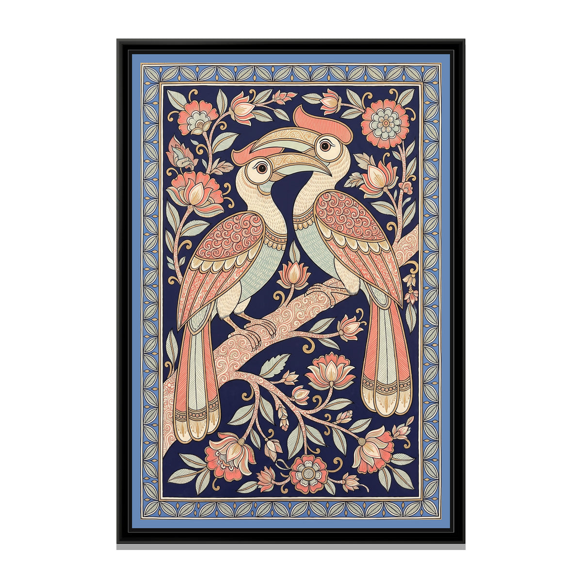 Chinoiserie Madhubani Painting – Hornbills at Dusk - framed canvas print, front view