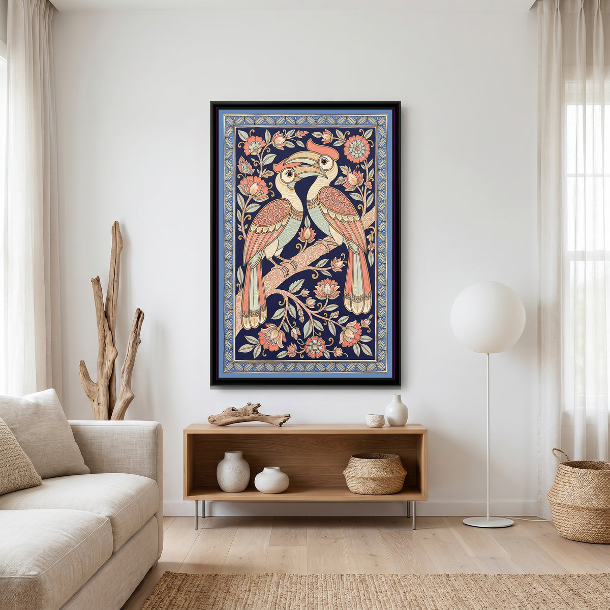 Chinoiserie Madhubani Painting – Hornbills at Dusk - canvas print shown in a second room setting