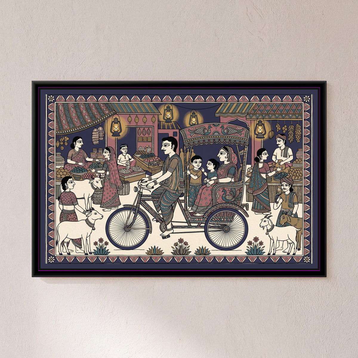 Traditional Pop Cycle Rickshaw Painting – Dusk - framed canvas print of a family riding a decorated cycle-rickshaw through a bazaar at dusk, folk-art style, hung on a wall