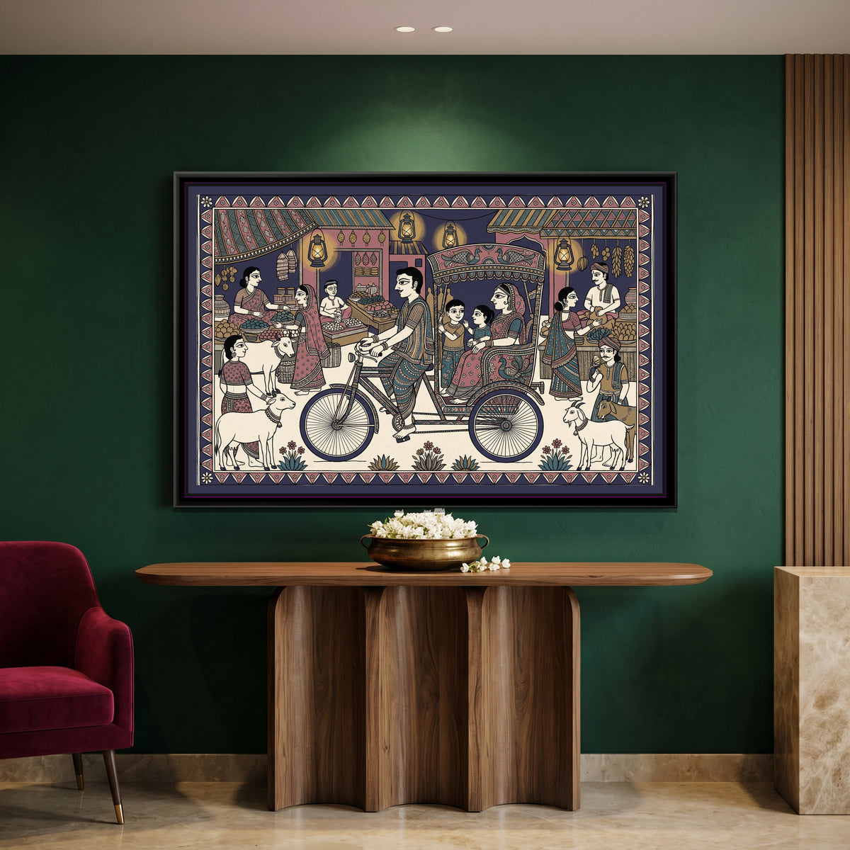 Traditional Pop Cycle Rickshaw Painting – Dusk - canvas print shown in a second room setting