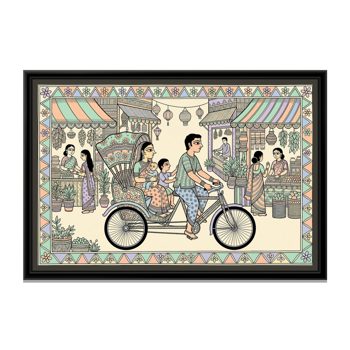 Traditional Pop Cycle Rickshaw Painting – Pastel - framed canvas print, front view