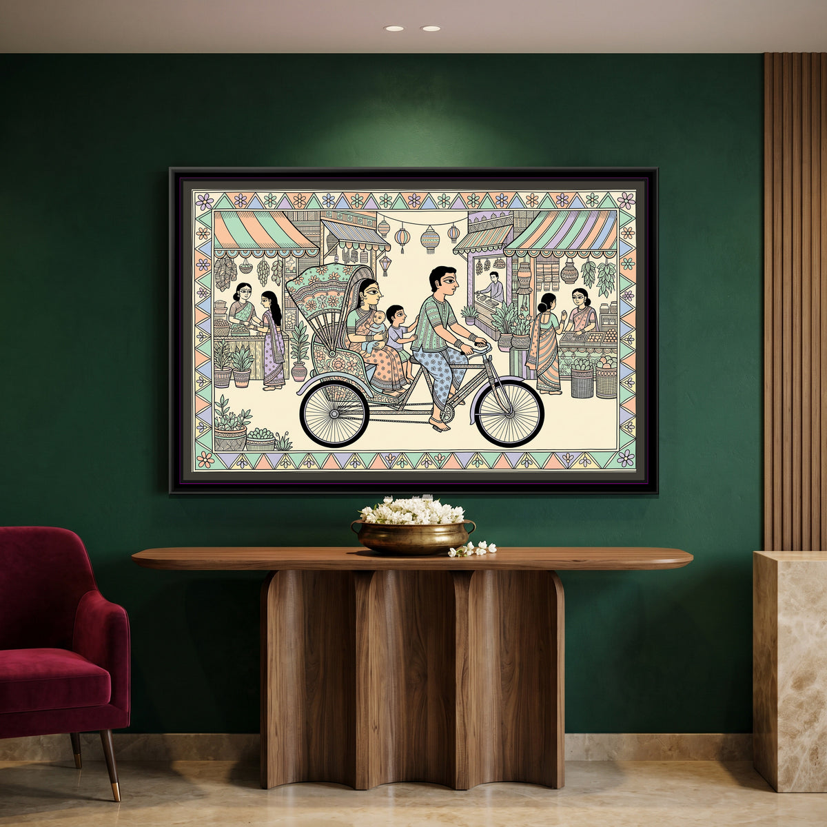 Traditional Pop Cycle Rickshaw Painting – Pastel - canvas print shown in a second room setting