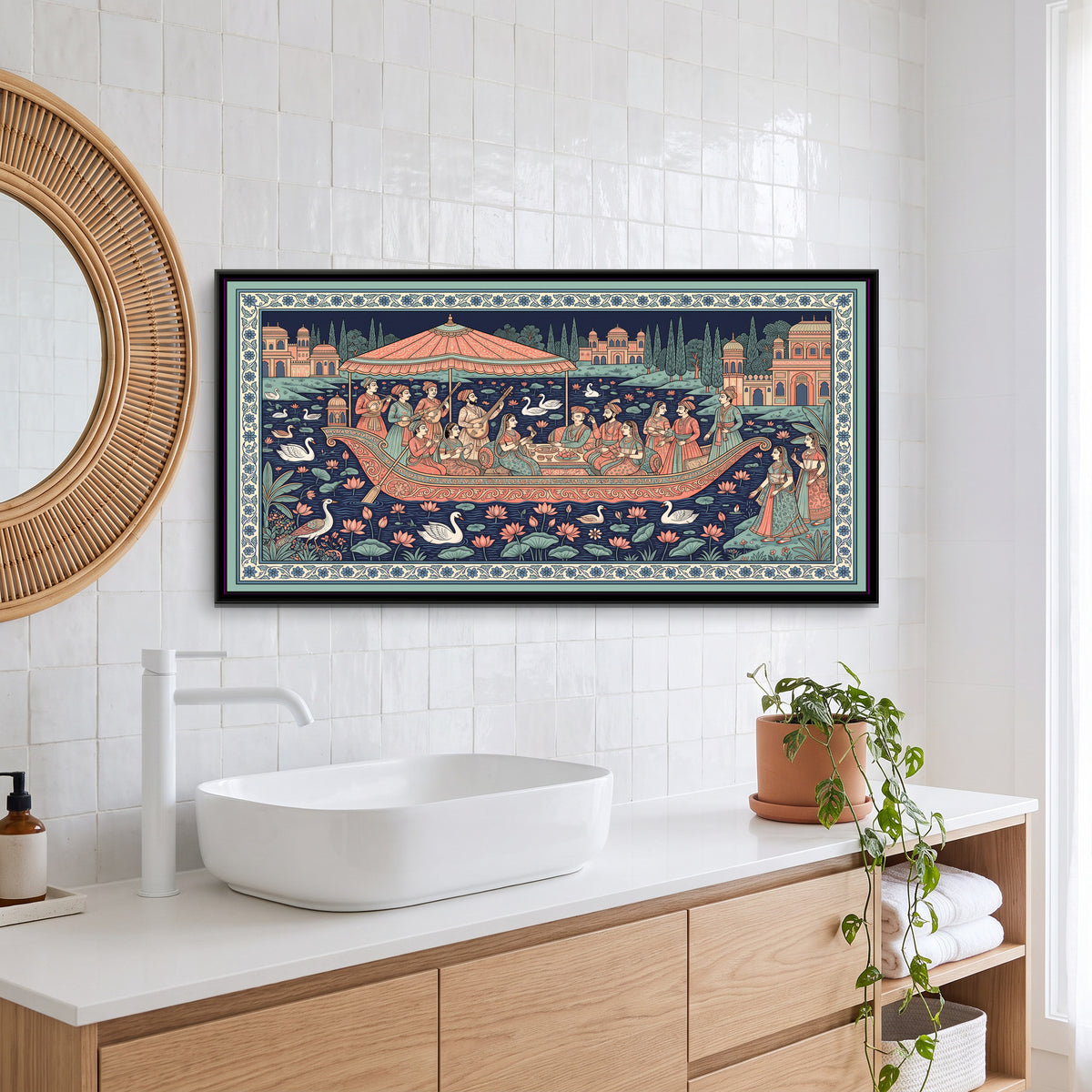Phad Painting – Boat Party on a Lake - canvas print shown in a styled room