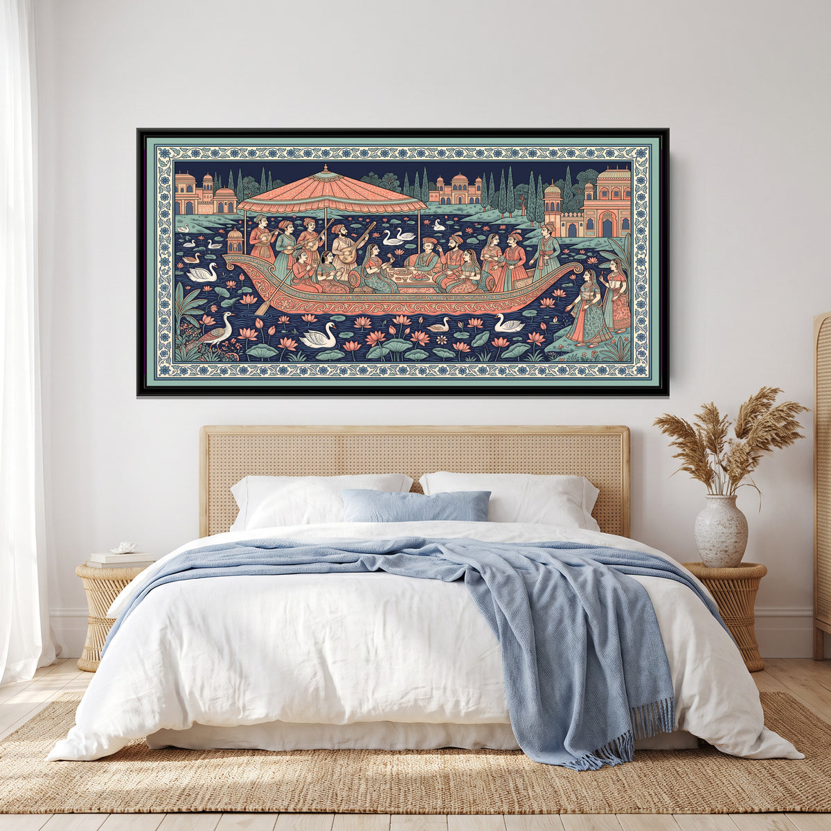 Phad Painting – Boat Party on a Lake - canvas print shown in a second room setting