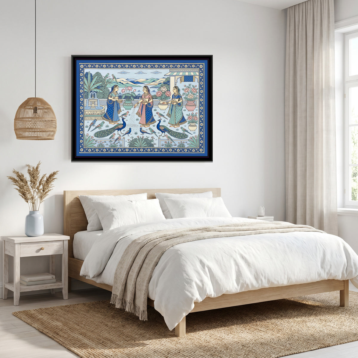 Phad Painting – Feeding the Peacocks on a Palace Terrace - canvas print shown in a styled room