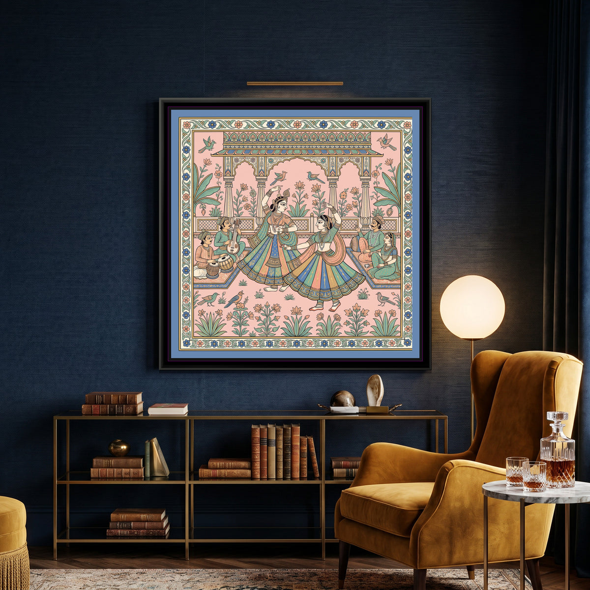 Phad Painting – Kathak Dancers in a Pavilion - canvas print shown in a styled room
