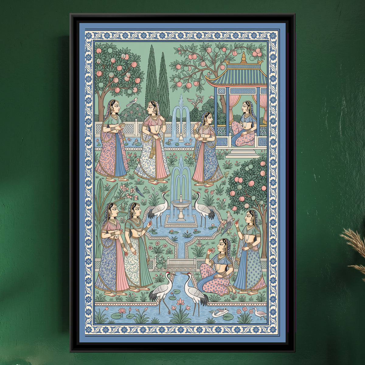 Phad Painting – Ladies in a Garden of Fountains - framed canvas print of ladies strolling in a palace garden with fountains, cranes and fruit trees, Phad style, hung on a wall