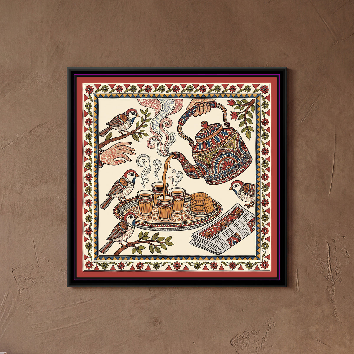 Traditional Pop Cutting Chai Painting – Kalamkari Colours - framed canvas print of a kettle pouring cutting chai into glasses with sparrows and biscuits, folk-art style, hung on a wall