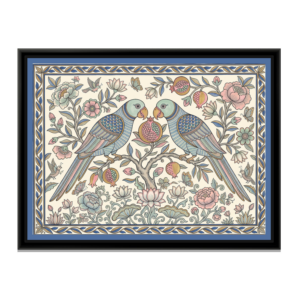 Chinoiserie Madhubani Painting – Parrots and Pomegranate - framed canvas print, front view