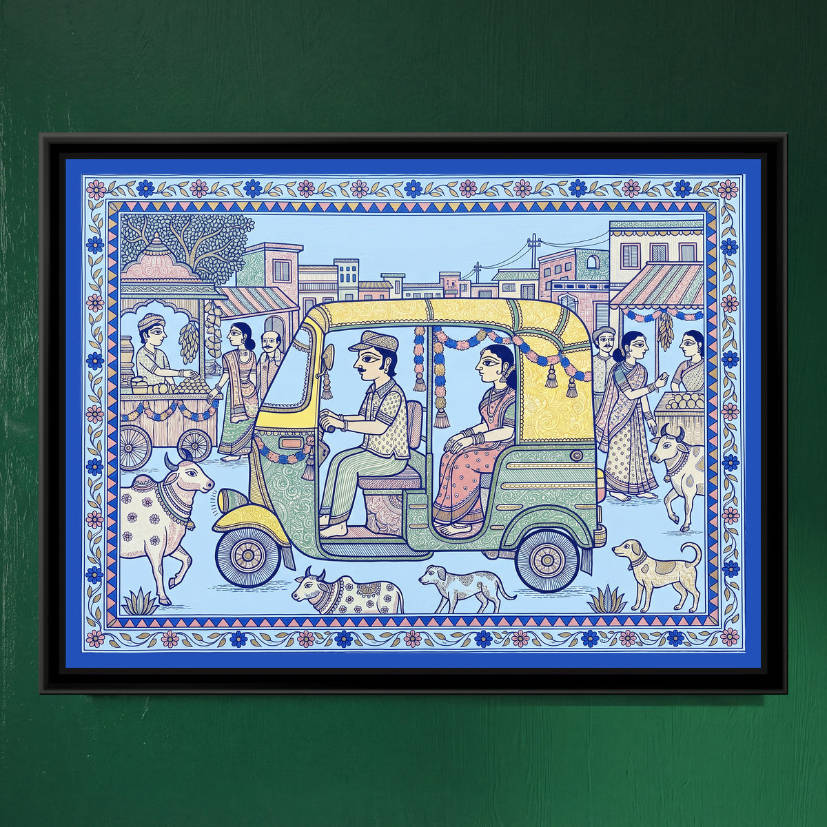 Traditional Pop Auto Rickshaw Painting – Porcelain Blue - framed canvas print of a garlanded yellow auto rickshaw on a busy street with cows and dogs, folk-art style in powder blue, hung on a wall