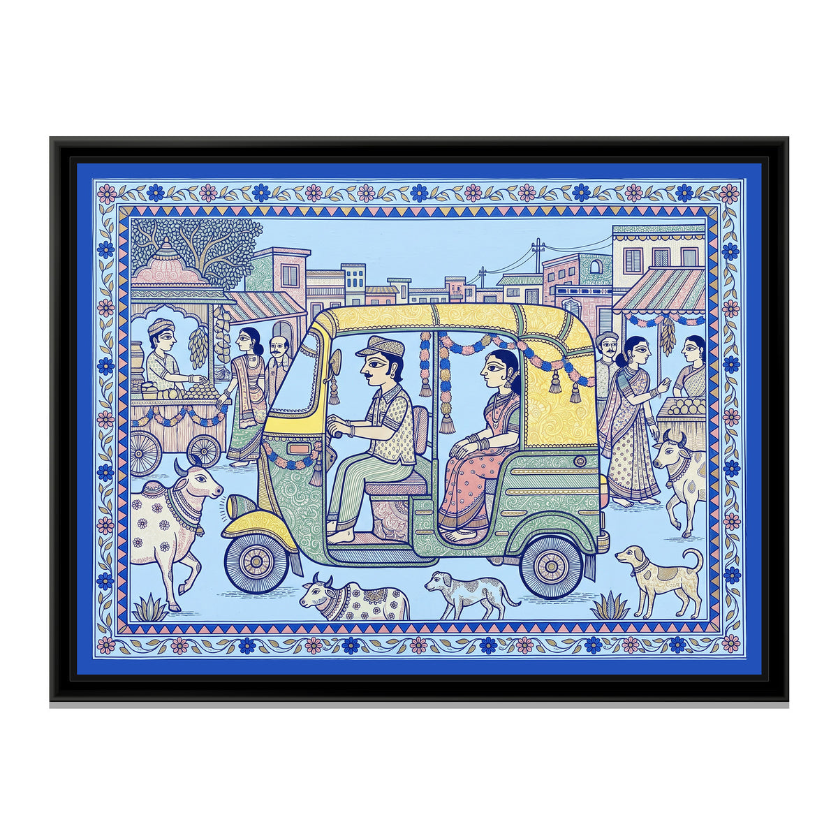 Traditional Pop Auto Rickshaw Painting – Porcelain Blue - framed canvas print, front view
