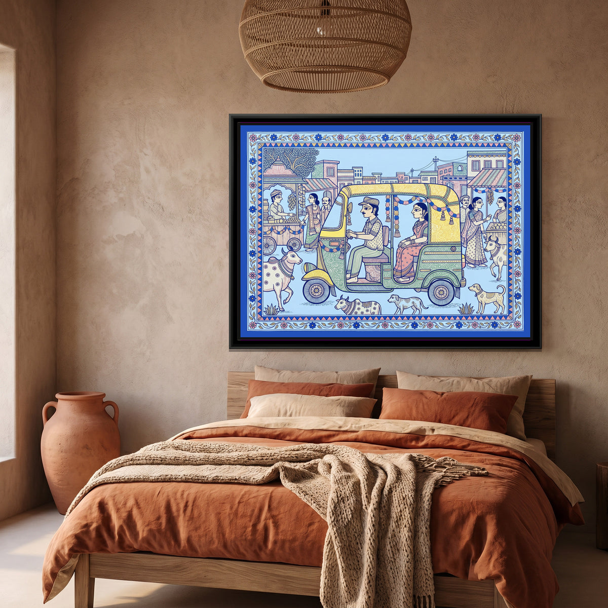 Traditional Pop Auto Rickshaw Painting – Porcelain Blue - canvas print shown in a second room setting