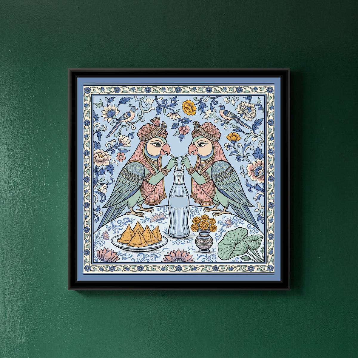 Phad Painting – Two Parrots, One Cola - framed canvas print of two turbaned parrots sharing a bottle of cola with two straws over a plate of samosas, Phad style, hung on a wall