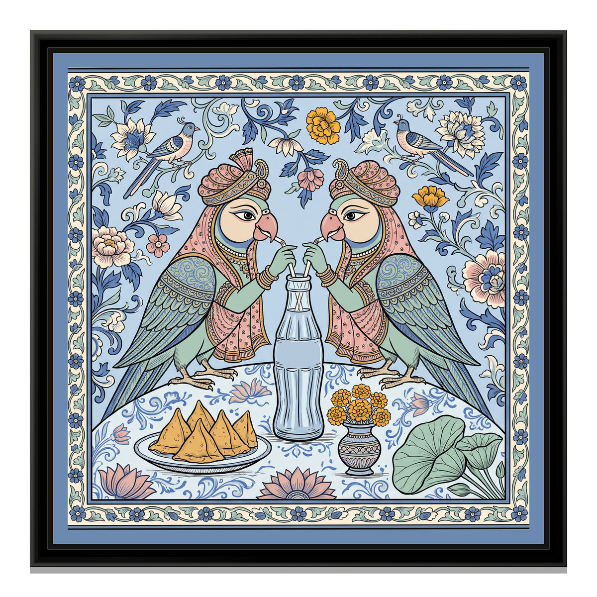 Phad Painting – Two Parrots, One Cola - framed canvas print, front view
