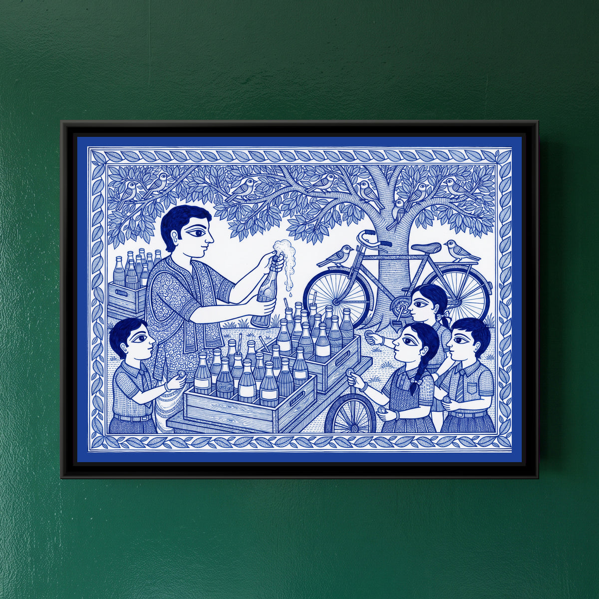 Blue and White Madhubani Painting – The Soda Cart - framed canvas print of schoolchildren buying soda from a bottle cart under a tree, blue and white Madhubani style, hung on a wall