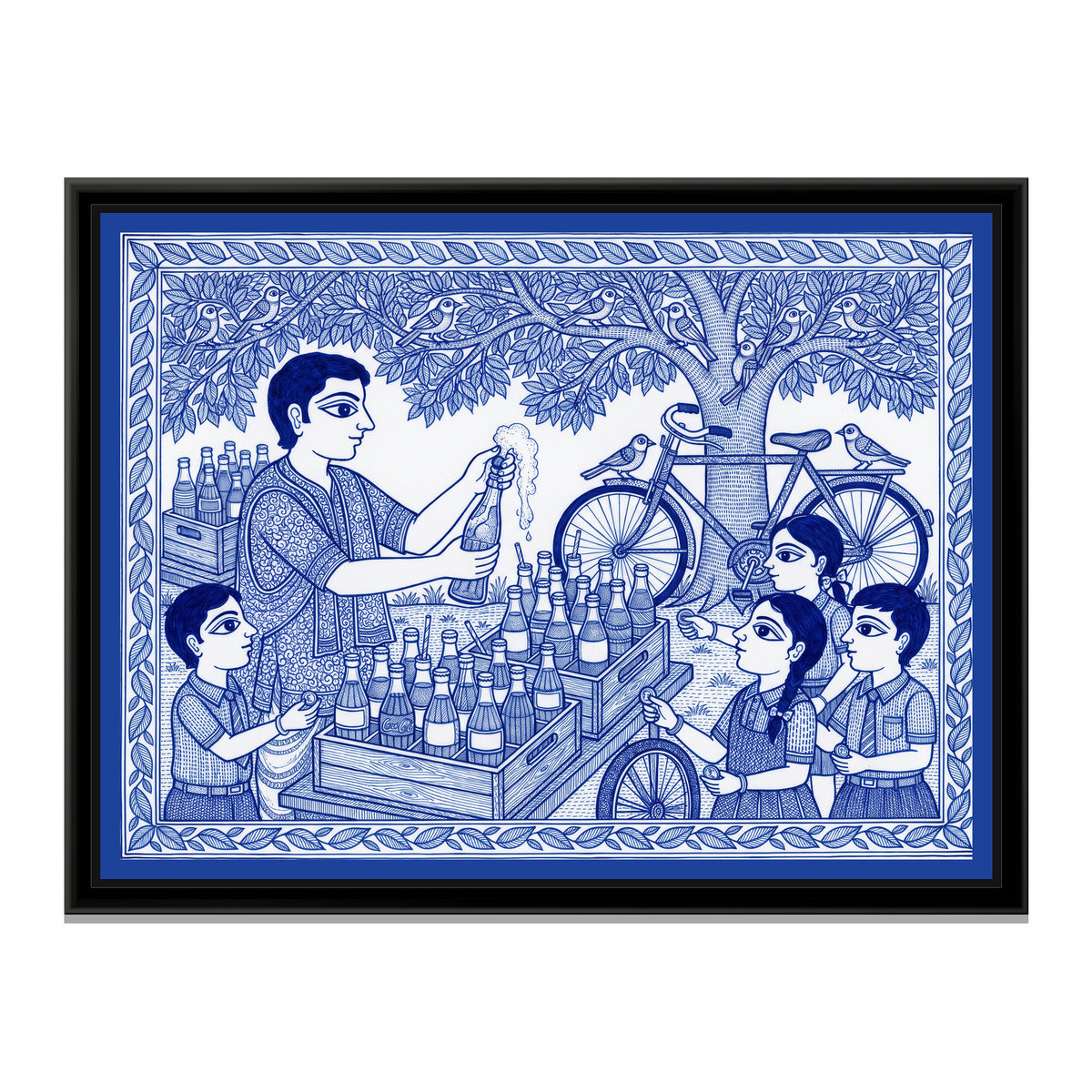 Blue and White Madhubani Painting – The Soda Cart - framed canvas print, front view
