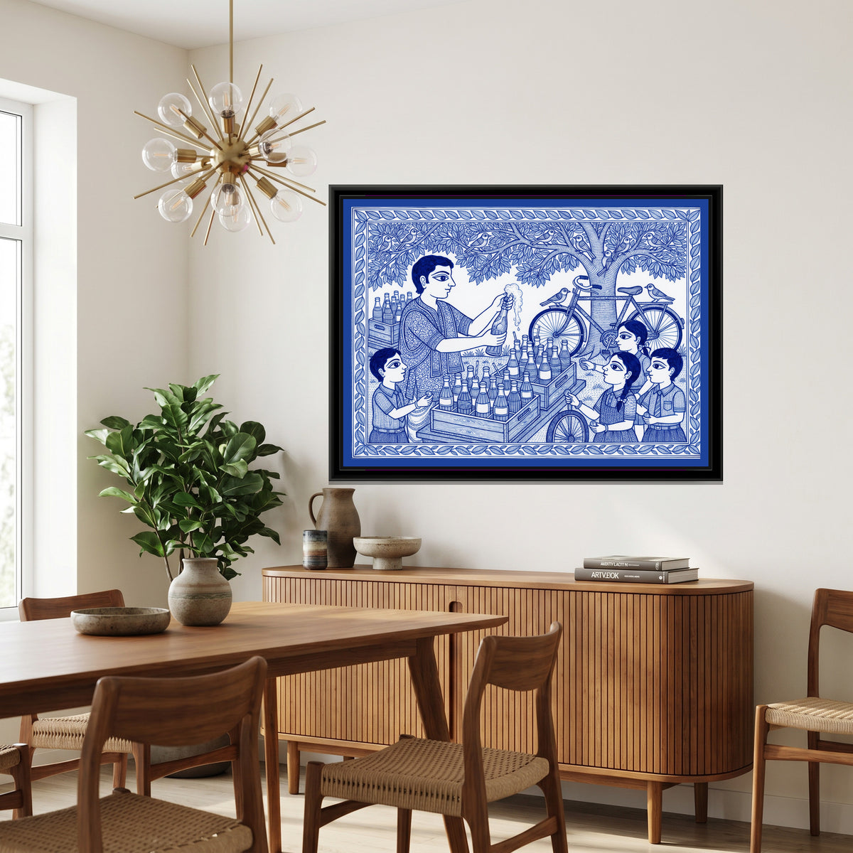 Blue and White Madhubani Painting – The Soda Cart - canvas print shown in a styled room