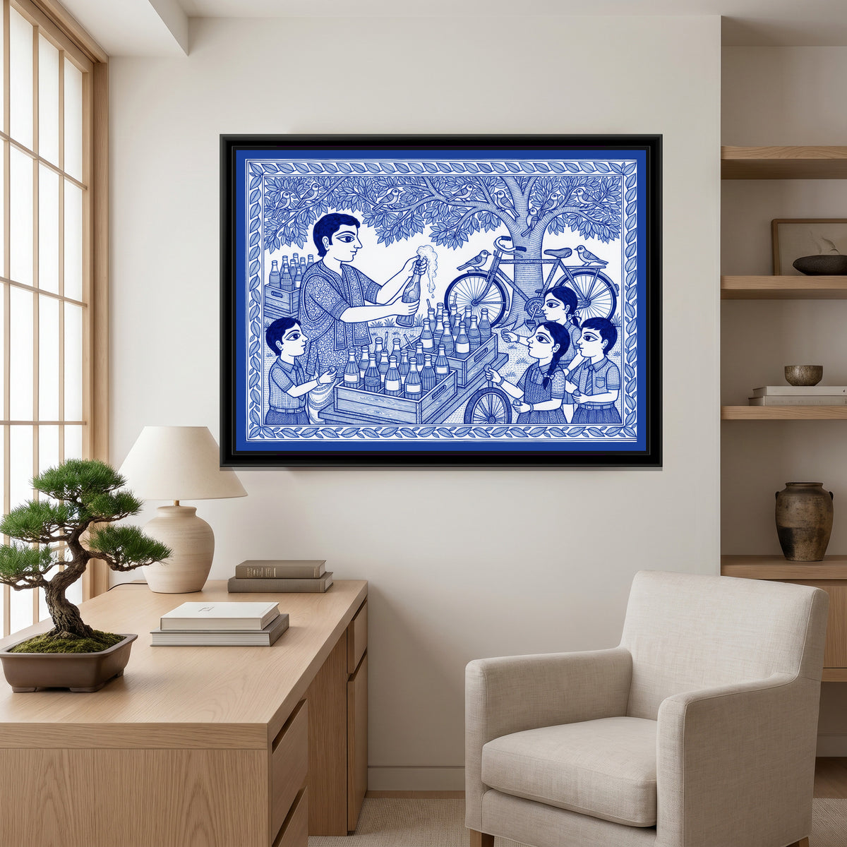 Blue and White Madhubani Painting – The Soda Cart - canvas print shown in a second room setting