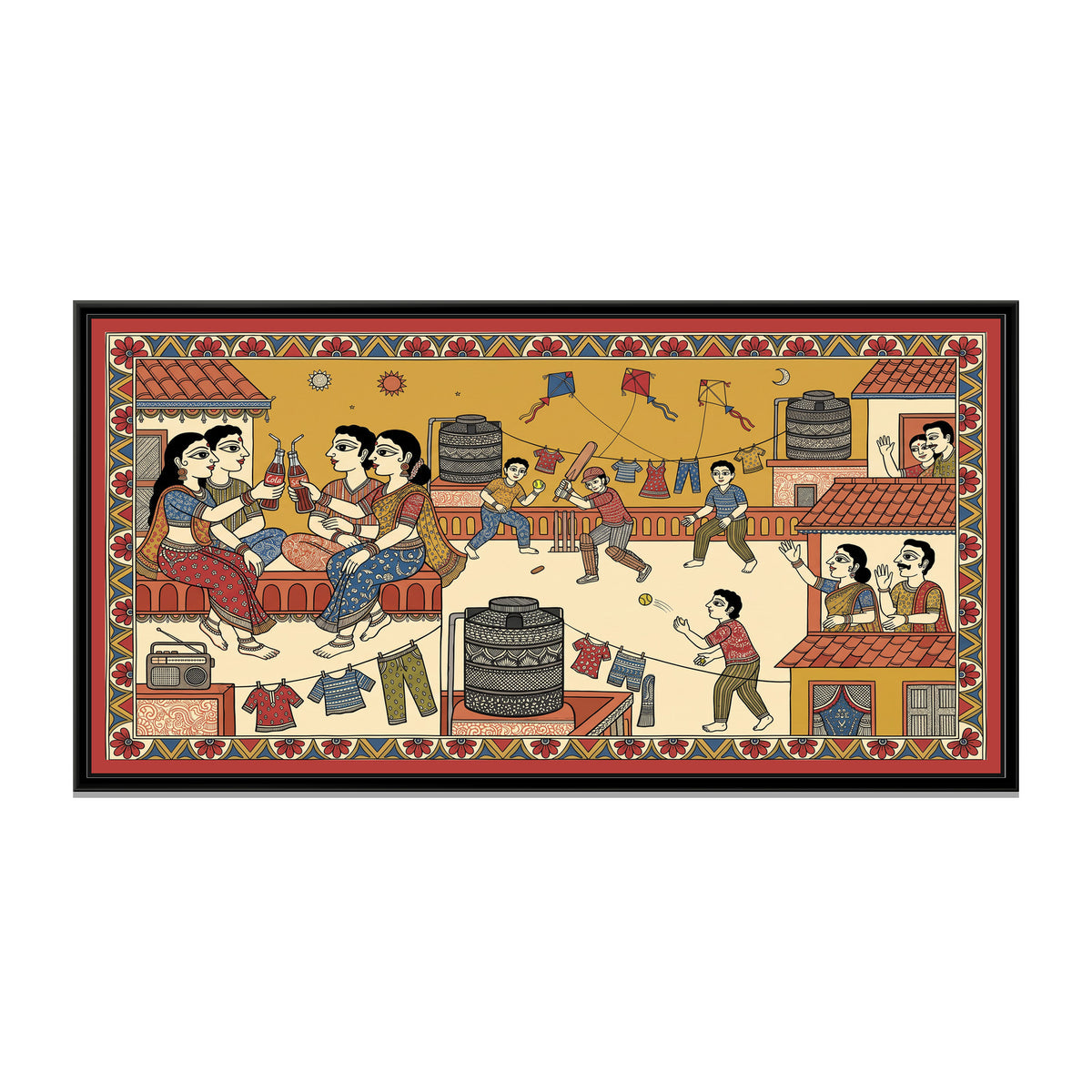 Traditional Pop Rooftop Summer Painting – Cola and Cricket - framed canvas print, front view