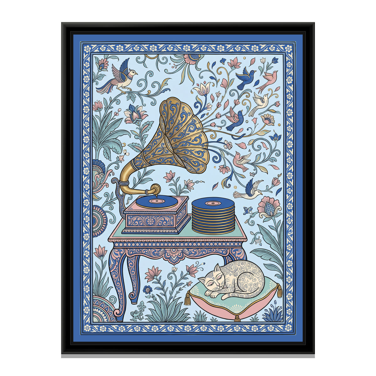 Phad Painting – The Gramophone - framed canvas print, front view