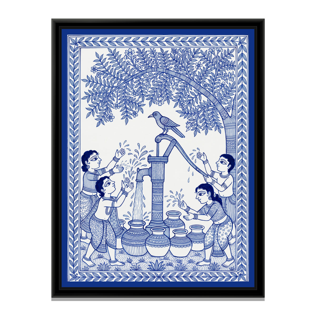Madhubani Line Painting – The Hand Pump - framed canvas print, front view
