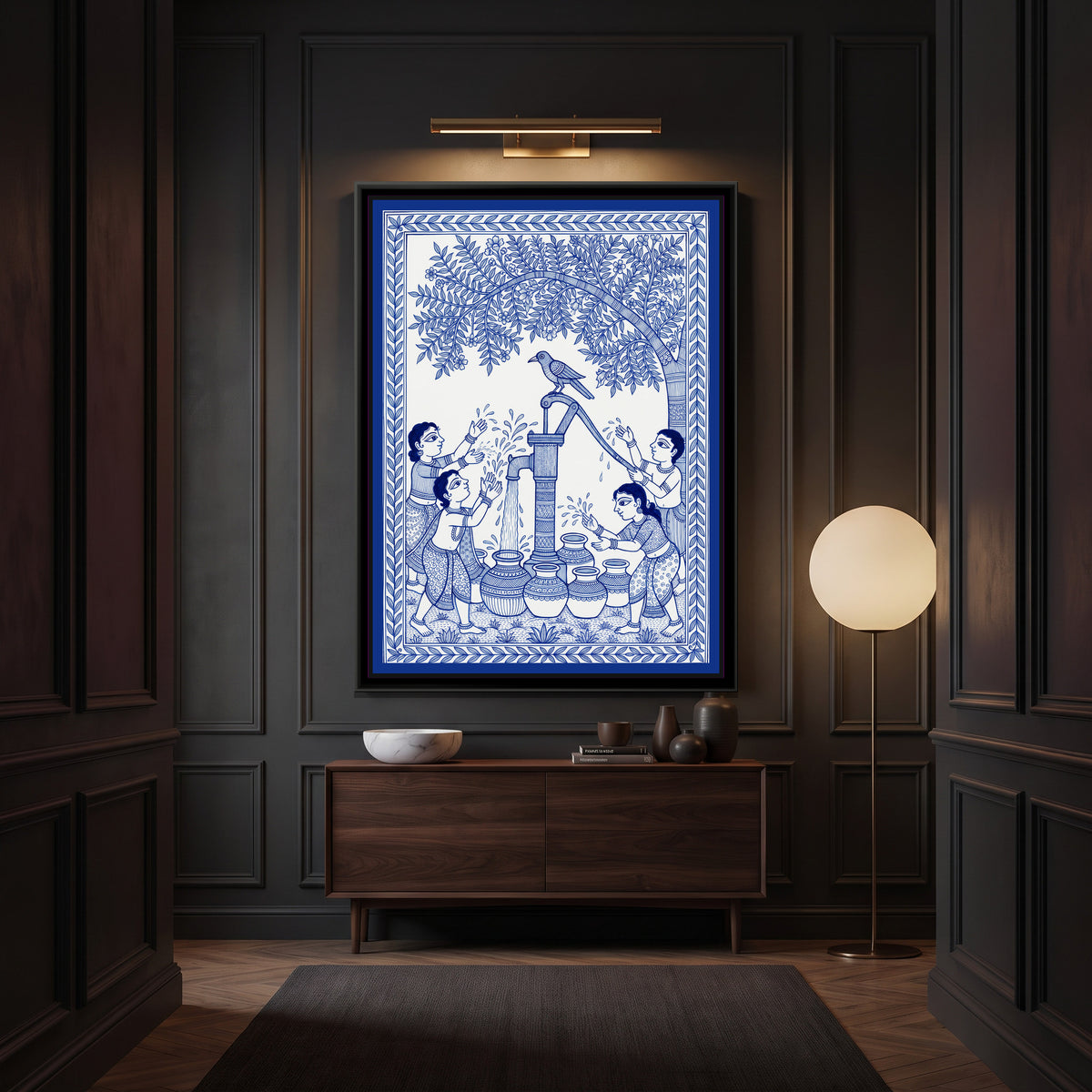 Madhubani Line Painting – The Hand Pump - canvas print shown in a styled room
