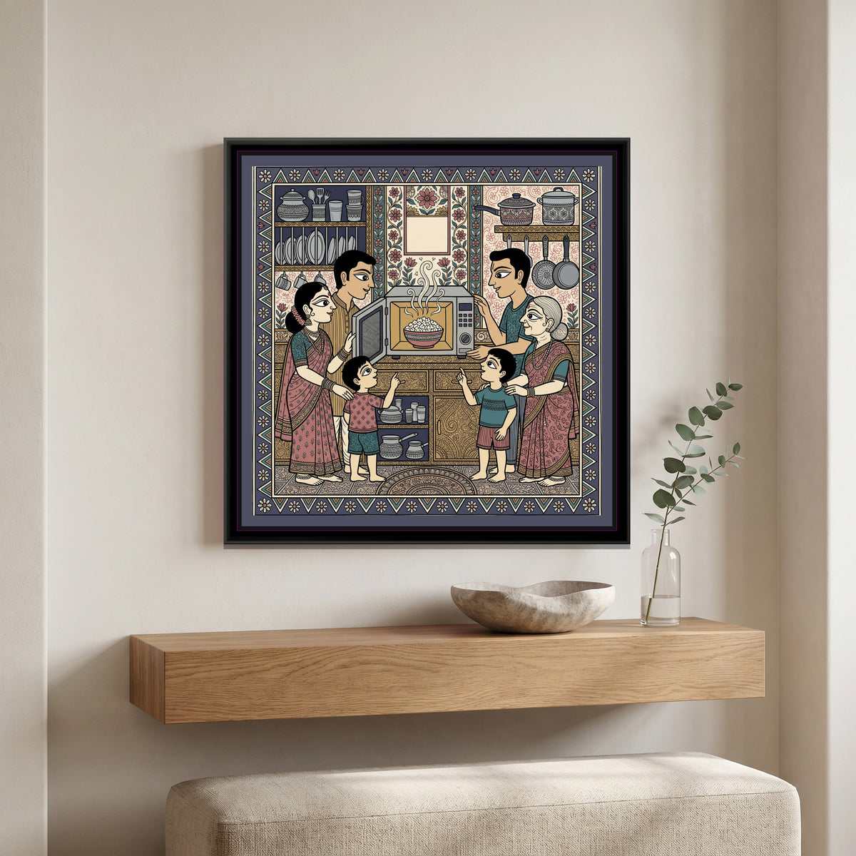 Traditional Pop – The First Microwave Oven - canvas print shown in a second room setting