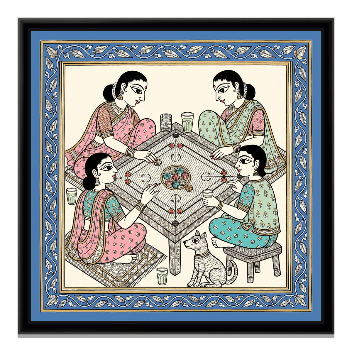 Chinoiserie Madhubani Painting – The Carrom Board - framed canvas print, front view