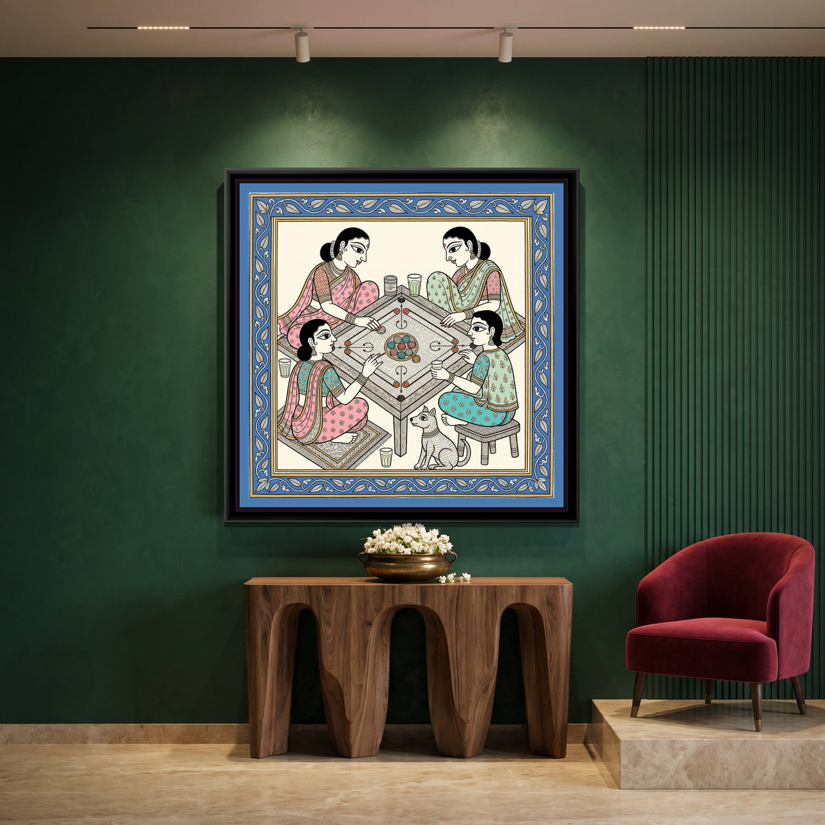 Chinoiserie Madhubani Painting – The Carrom Board - canvas print shown in a styled room