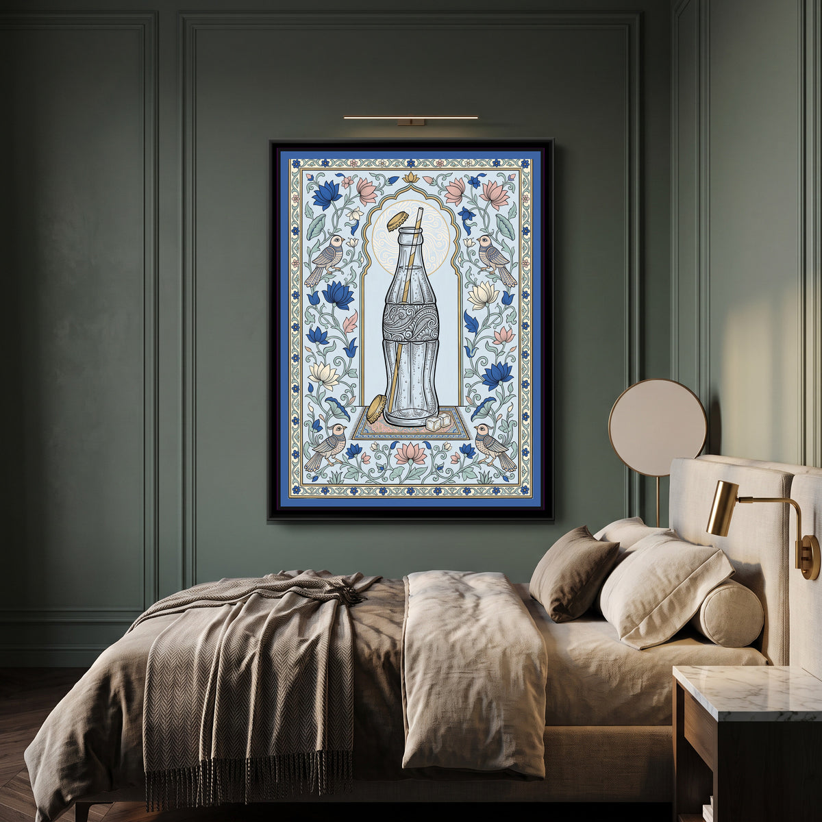 Phad Painting – Cola Bottle Portrait - canvas print shown in a styled room