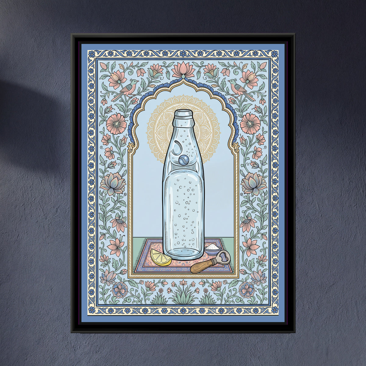 Phad Painting – Banta Portrait - framed canvas print of a marble-stoppered banta soda bottle with a lemon wedge and salt under a floral arch, sky blue and coral folk style, hung on a wall