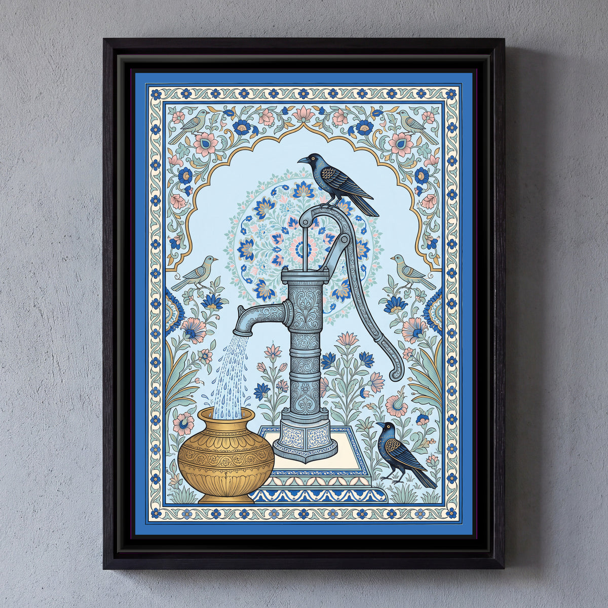 Phad Painting – Hand Pump Portrait - framed canvas print of an ornate hand pump pouring water into a brass pot with two crows, under a floral arch in sky blue and gold, hung on a wall